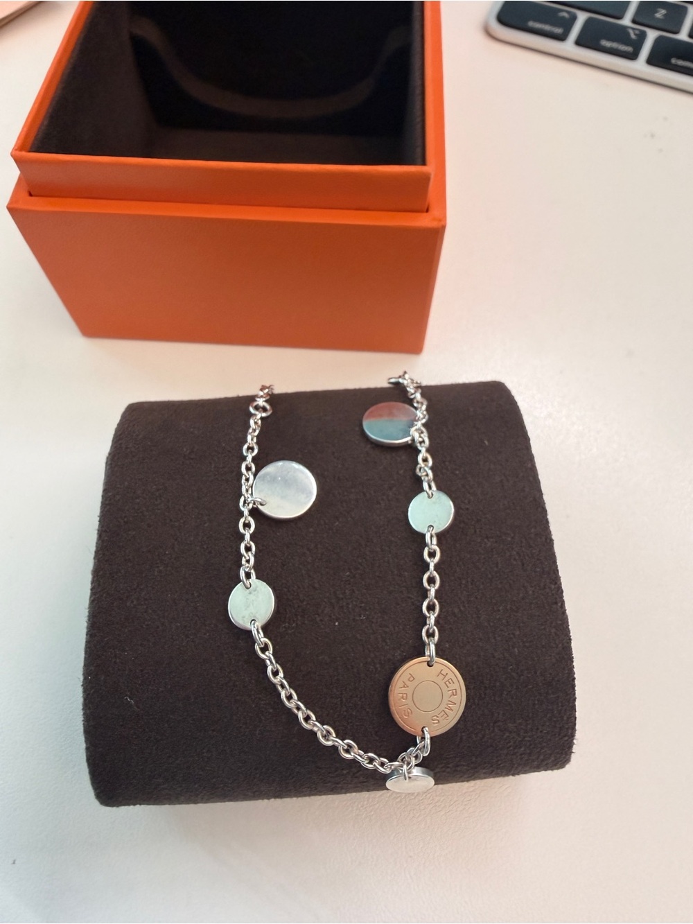 Hermes Silver Disc Charm Chain Bracelet with Engraved Logo